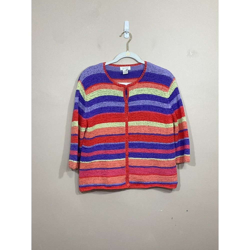 Vintage Womens Striped Cardigan M Y2K 90s Kidcore Colorful Crochet Trim